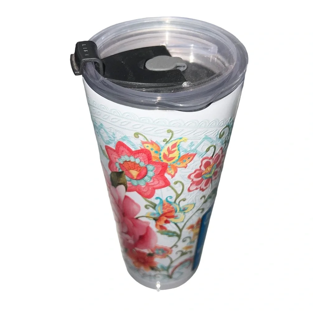 4/$40 Indigo Falls White with‎ Pink Floral Print Boho Chic Travel Cup